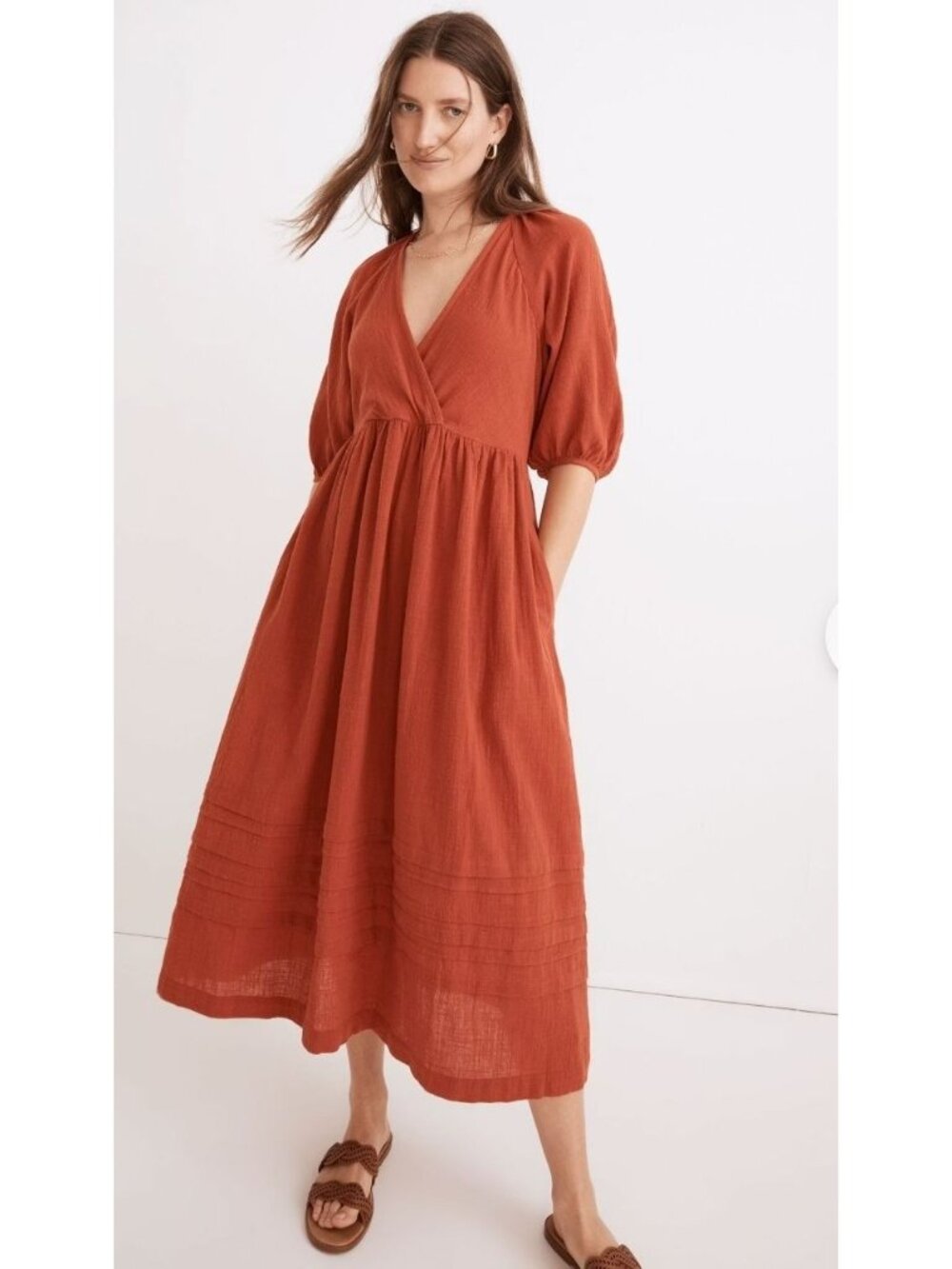 Madewell Womens Marianna Puff Sleeve Midi Dress Large Orange Red cottagecore